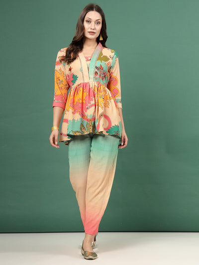 Printed V-Neck Top with Trousers Co-Ords, featuring a colorful fit-and-flare design and ombre trousers.