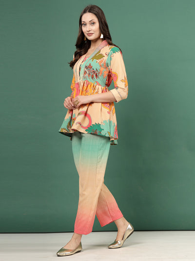 Printed V-Neck Top with Trousers Co-Ords featuring a colorful design, V-neck, three-quarter sleeves, and an ombre pattern with an elastic waistband.