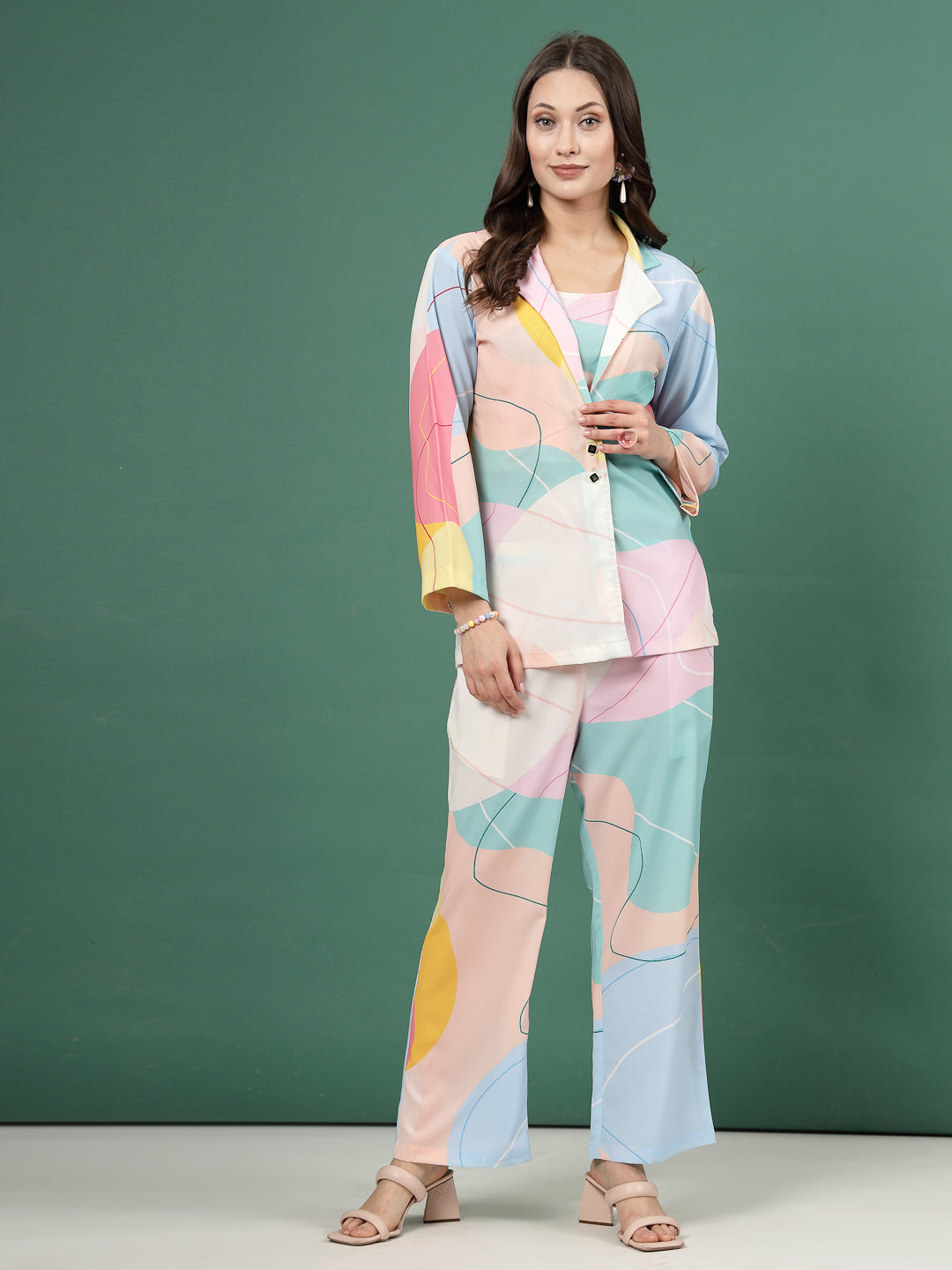 Sky Blue Abstract Printed Three Piece Blazer Co-Ord Set with Top, Trousers, and Blazer.