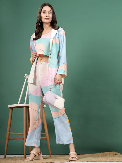 Sky Blue Abstract Printed Three Piece Blazer Co-Ord Set with Cropped Top and Trousers