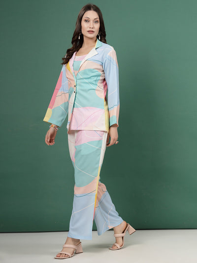 Sky Blue Abstract Printed Three Piece Blazer Co-Ord Set with Top, Trousers, and Blazer.