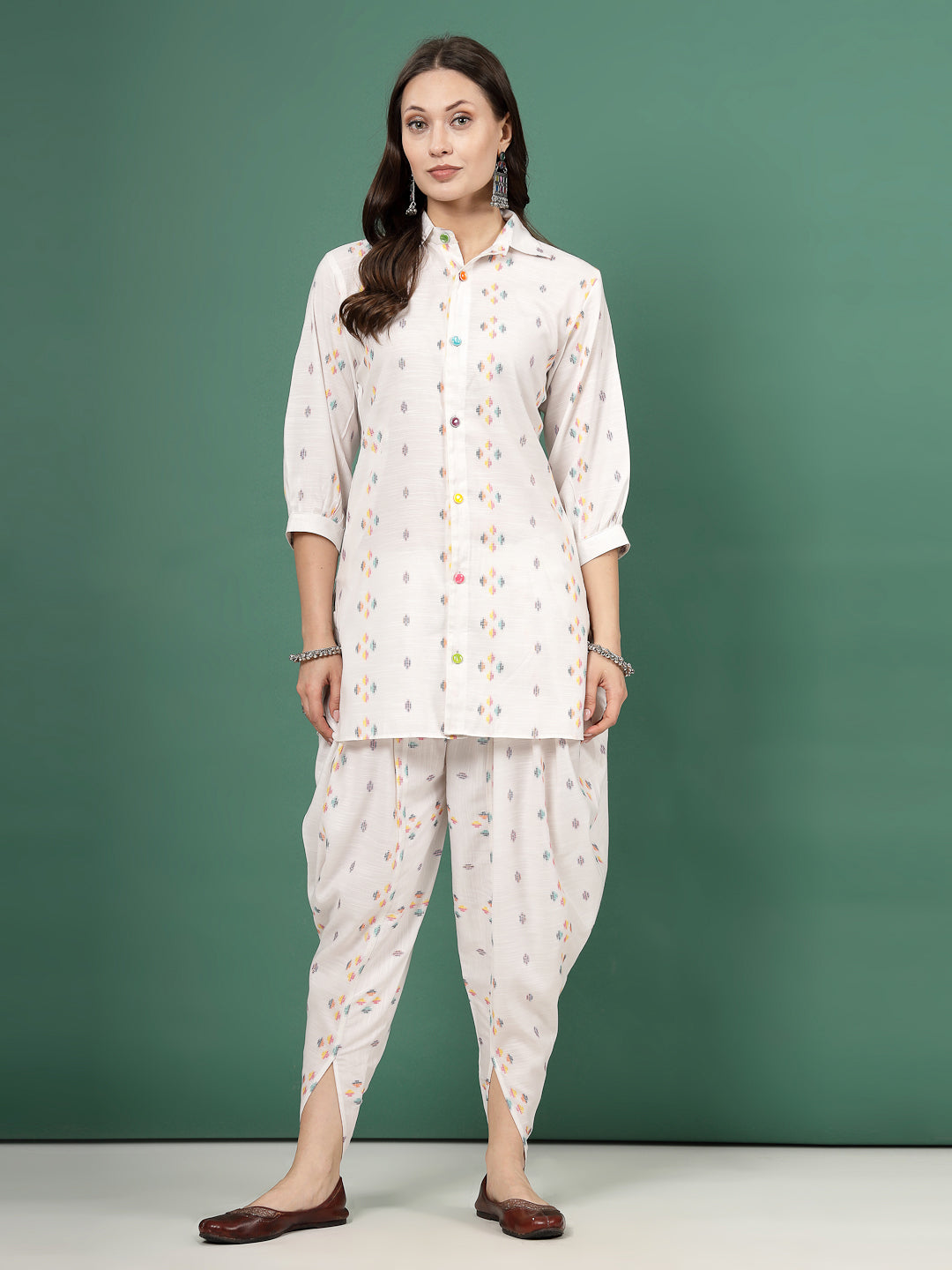 White Ikat printed shirt collar tunic with dhoti pants co-ords, three-quarter sleeves.