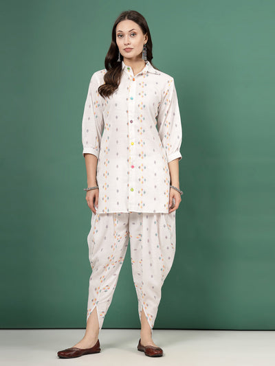 White Ikat printed shirt collar tunic with dhoti pants co-ords, three-quarter sleeves.