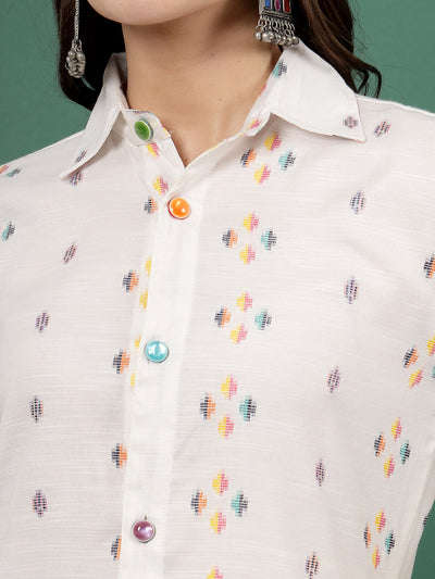 White Ikat printed shirt collar tunic with colorful buttons and dhoti co-ords.