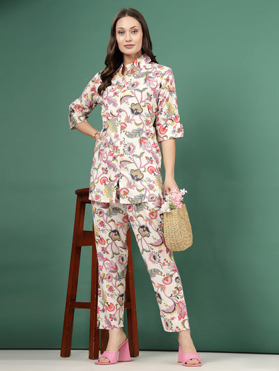 Multi printed shirt with floral trousers co-ords set, featuring pink and off-white design.