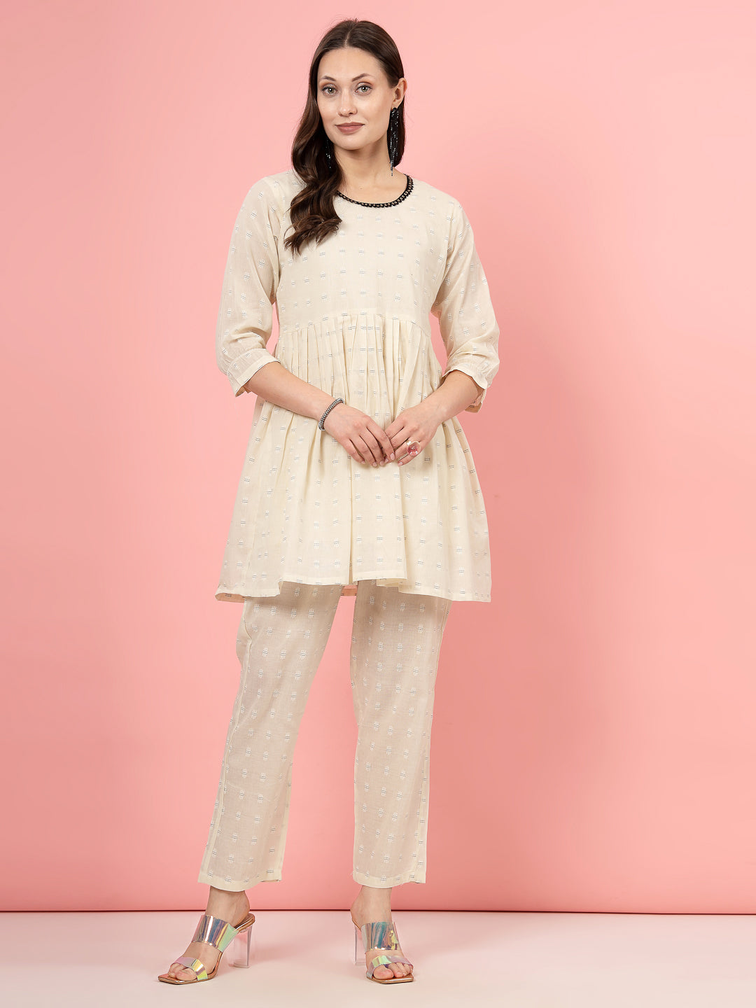 Printed Pure Cotton Tunic Top with Cream Trousers Co-ords, Three-Quarter Sleeves, Round Neck.