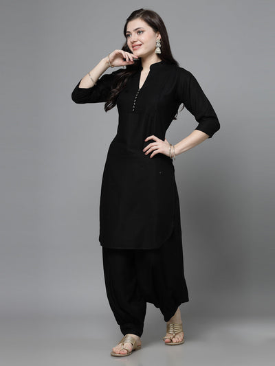 Black yoke design kurta with Afghani pants, three-quarter sleeves, and mandarin collar.