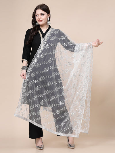 Silver sequinned cut-work net dupatta with elegant border and delicate drape.