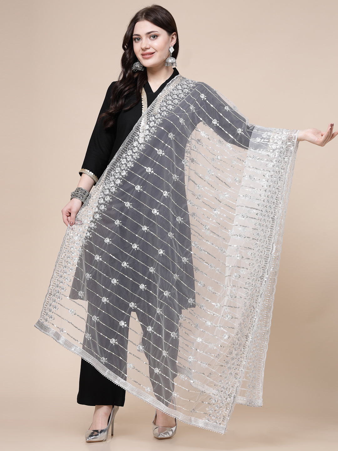 Silver Embellished Cut-Work Net Dupatta