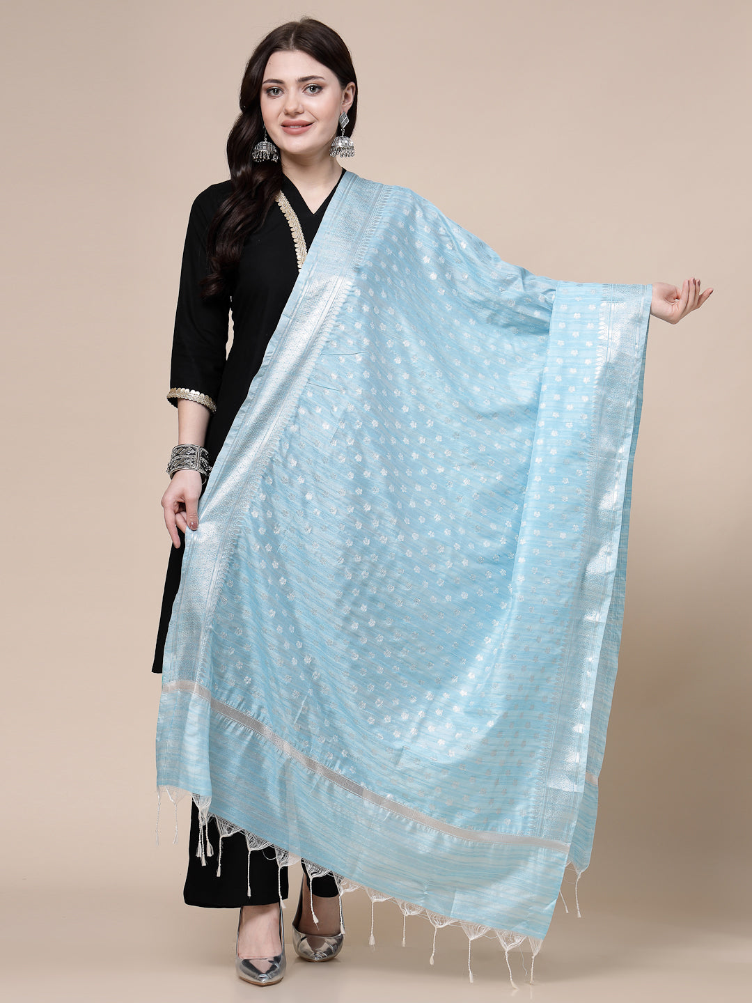 Sky Blue Banarsi Silk Blend Dupatta with intricate woven design.