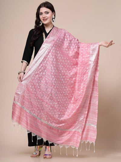 Pink Banarsi silk blend dupatta with intricate woven design showcasing traditional craftsmanship.