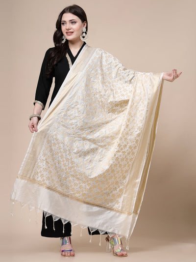 White and gold Banarsi silk blend dupatta with intricate woven design.