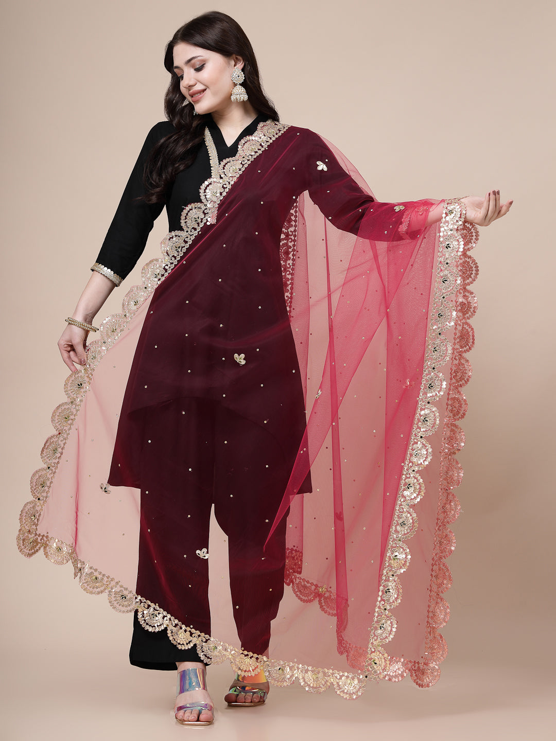 Magenta Embellished Cut-Work Net Dupatta