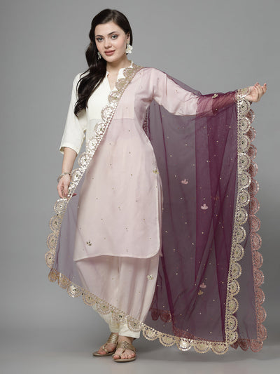 Wine embellished cut-work net dupatta with gotta border.