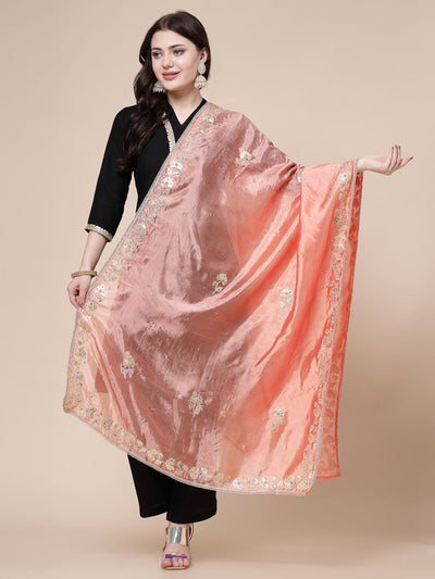 Peach Embellished Silk Blend Dupatta with intricate gotta patti work and luxurious sheen.