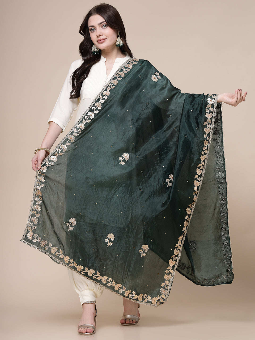 Bottle Green Embellished Silk Blend Dupatta