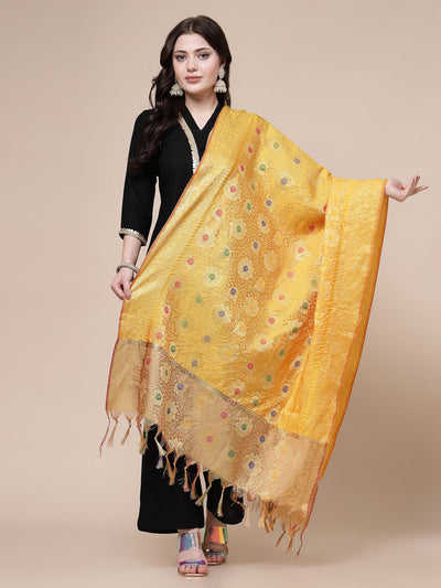 Mustard Banarsi Silk Dupatta with intricate woven design.