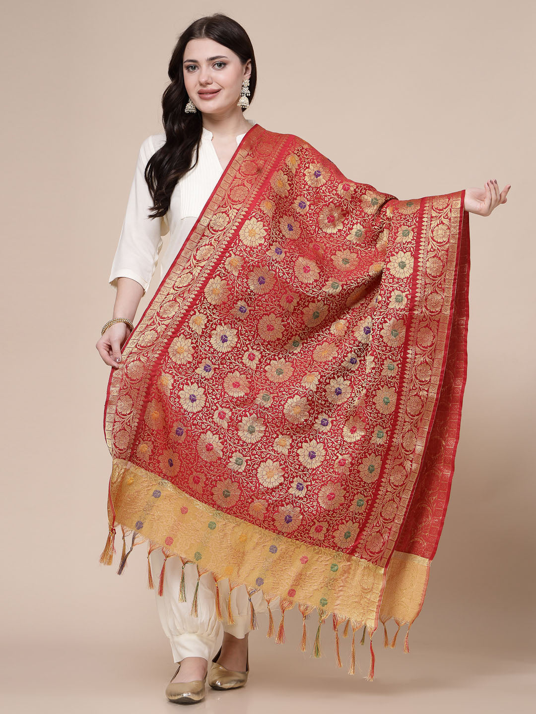 Maroon woven design Banarsi silk dupatta with intricate patterns and motifs.