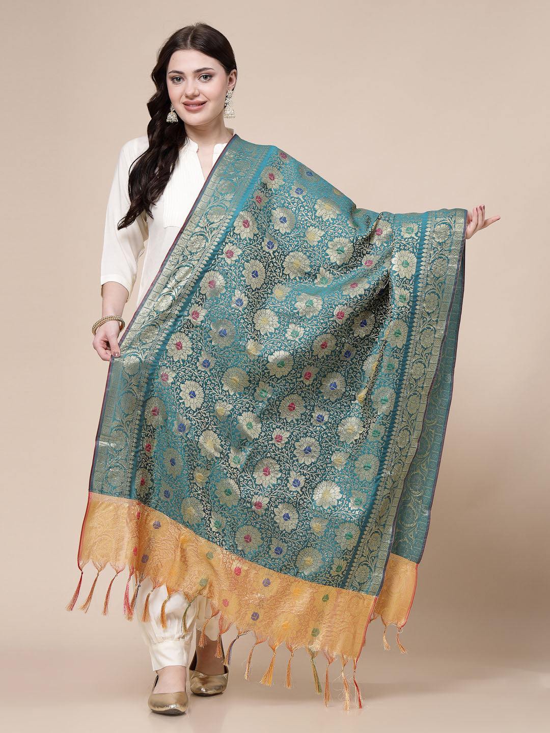 Teal Woven Design Banarsi Silk Dupatta with intricate motifs and patterns.