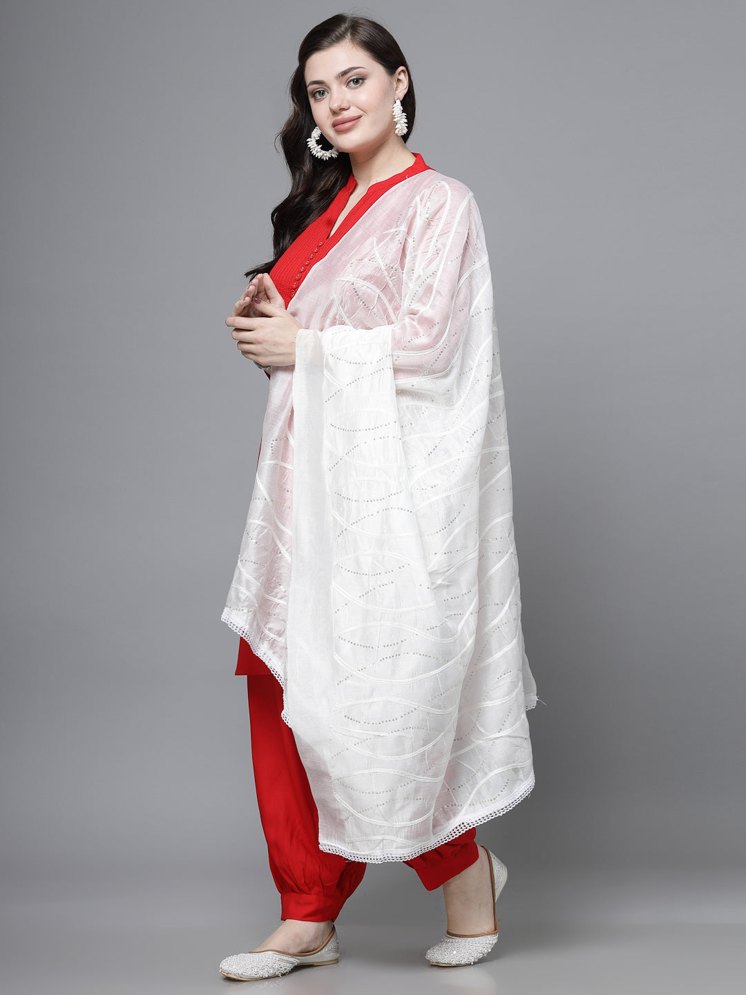 White Sequinned Cotton Dupatta with elegant design for stylish comfort.