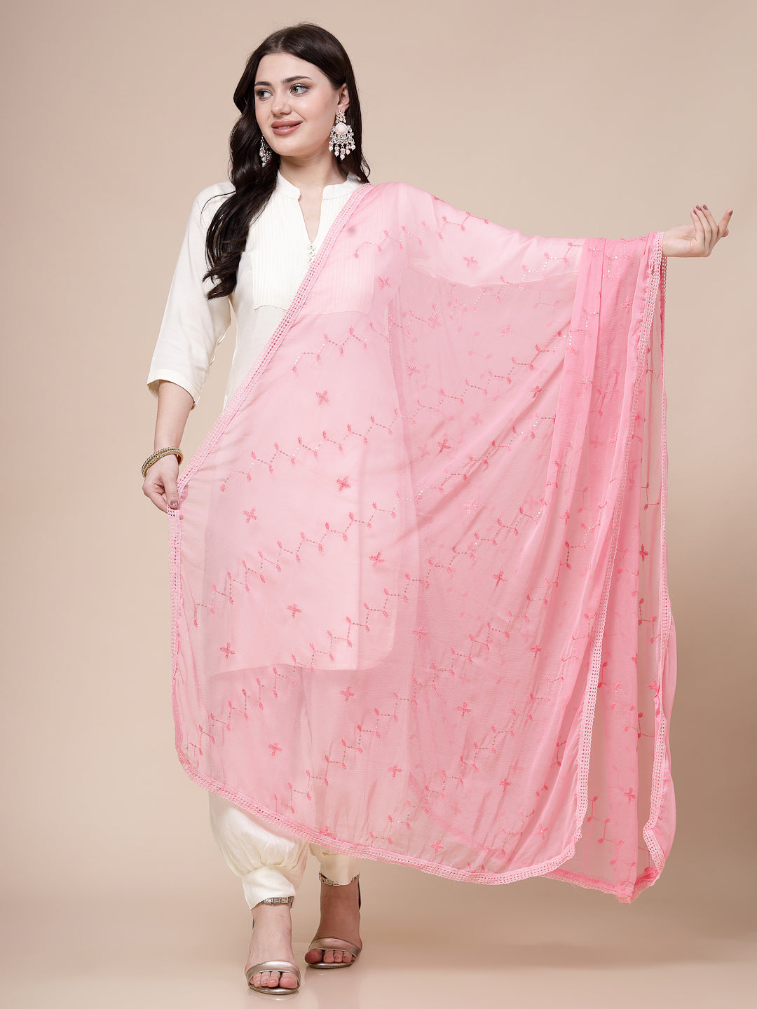 Pink sequinned chiffon dupatta with lightweight and airy texture.