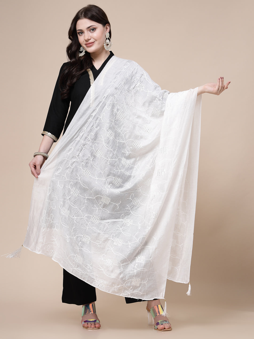 White Mirror Work Cotton Dupatta with sequinned design for elegant style.