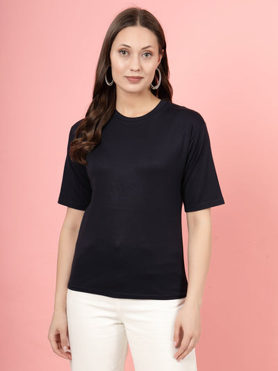 Navy blue solid regular fit Tencel women's t-shirt.