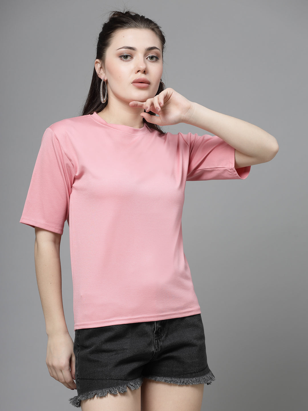 Pink solid regular fit Tencel women's T-shirt.