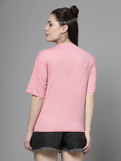 Pink solid regular fit Tencel women's t-shirt, back view.