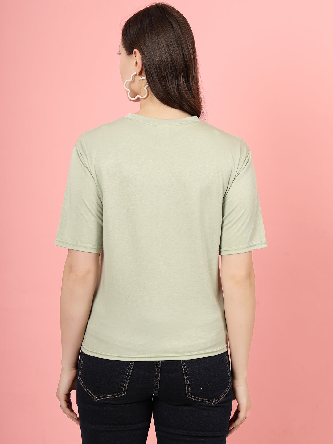 Women Pista Green Solid Regular Fit T-Shirt