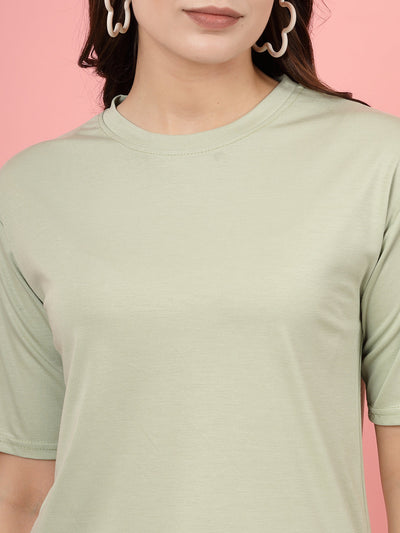 Women Pista Green Solid Regular Fit T-Shirt