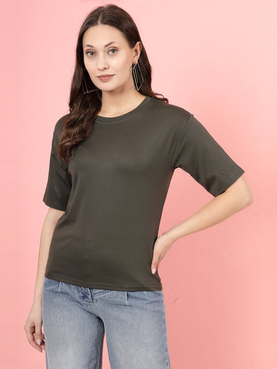 Olive solid regular fit T-shirt made from premium Tencel fabric featuring a sleek design.