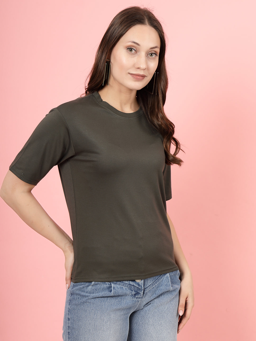 Olive solid regular fit Tencel women's T-shirt showing softness and eco-friendly style.