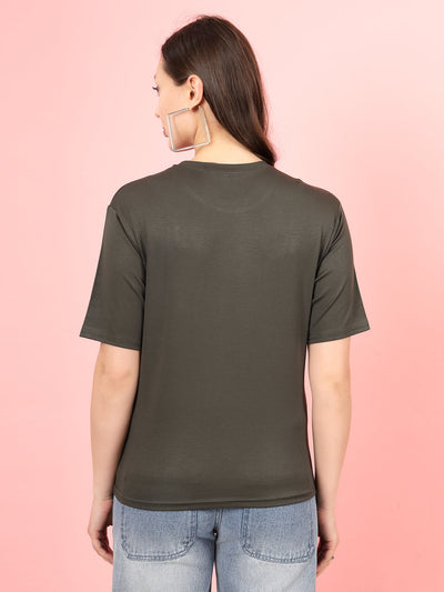 Olive solid regular fit T-shirt in premium Tencel fabric for women.