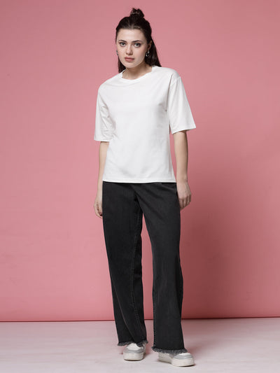 White solid regular fit Tencel women's t-shirt.