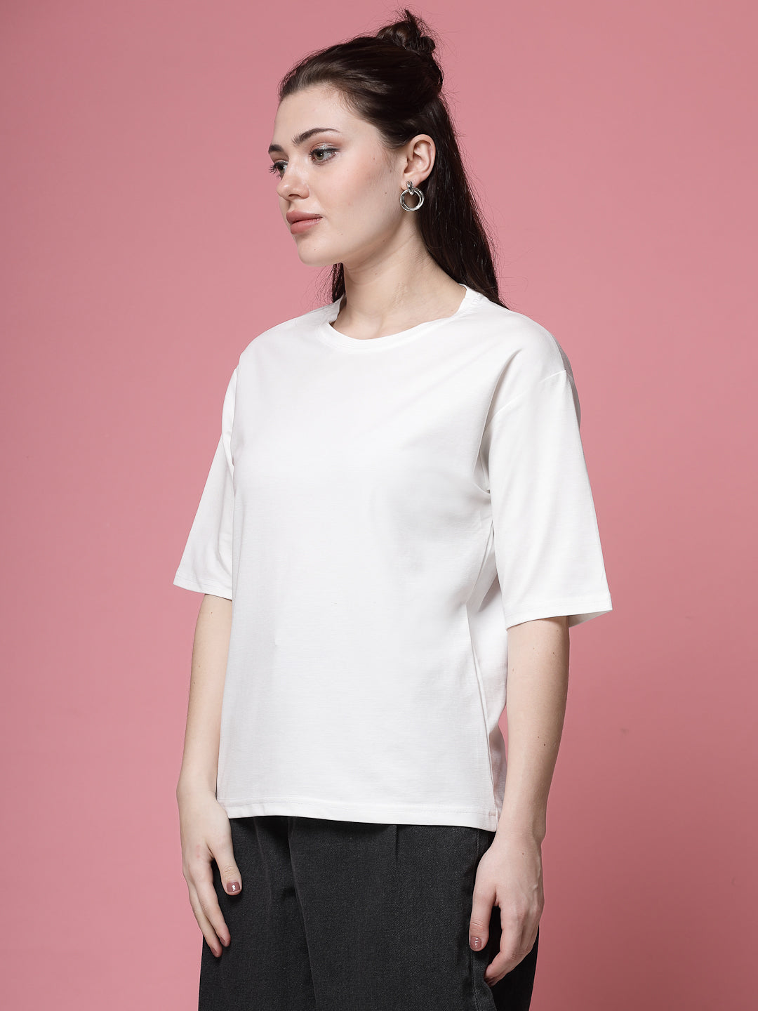 White solid regular fit Tencel women's T-shirt.