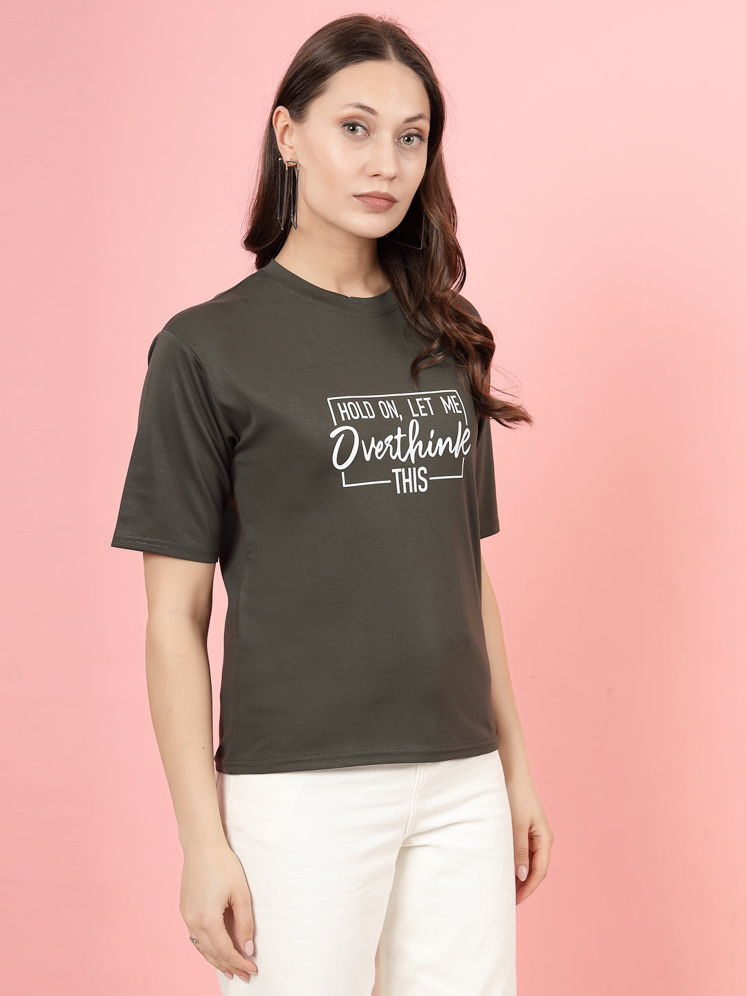 Olive printed regular fit T-shirt for women made from premium Tencel fabric.