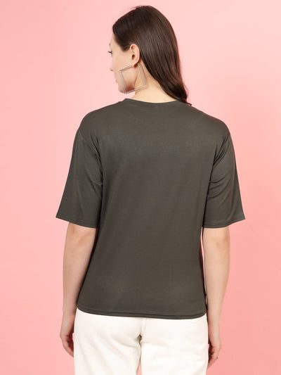 Olive printed regular fit T-shirt in soft Tencel fabric, back view.