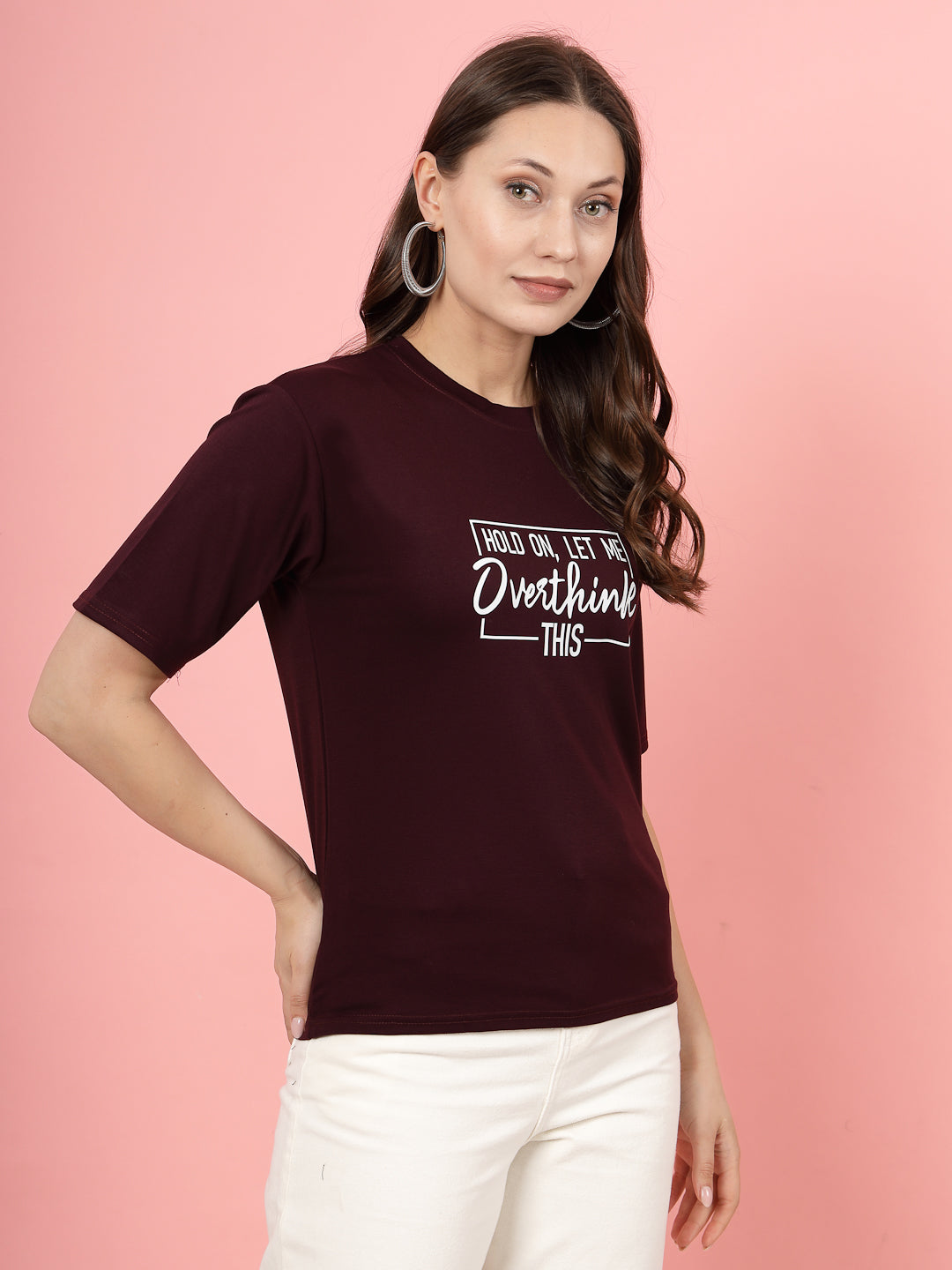 Women Wine Printed Regular Fit T-Shirt