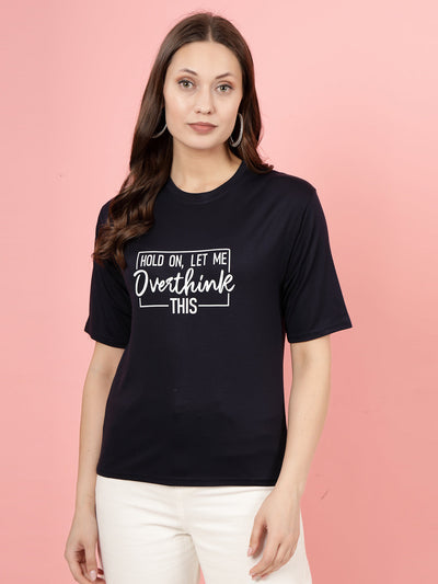 Navy Blue Printed Regular Fit T-Shirt in Tencel fabric, featuring stylish text design.