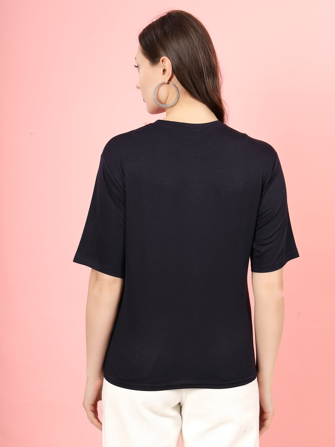 Navy blue printed regular fit T-shirt, women's premium Tencel fabric, eco-friendly and soft.