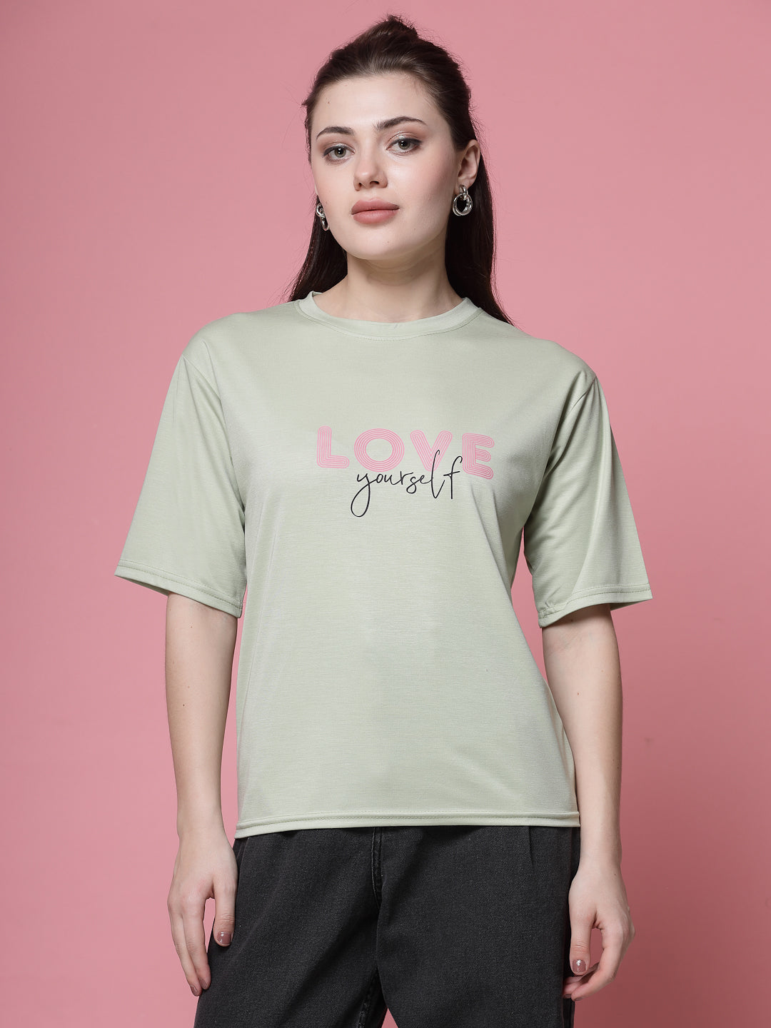 Pista Green Printed Regular Fit T-Shirt made from soft Tencel fabric for women.