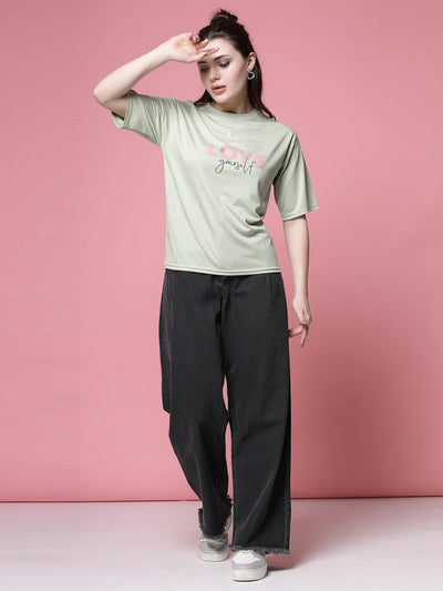 Pista Green Printed Regular Fit T-Shirt made from soft Tencel fabric.