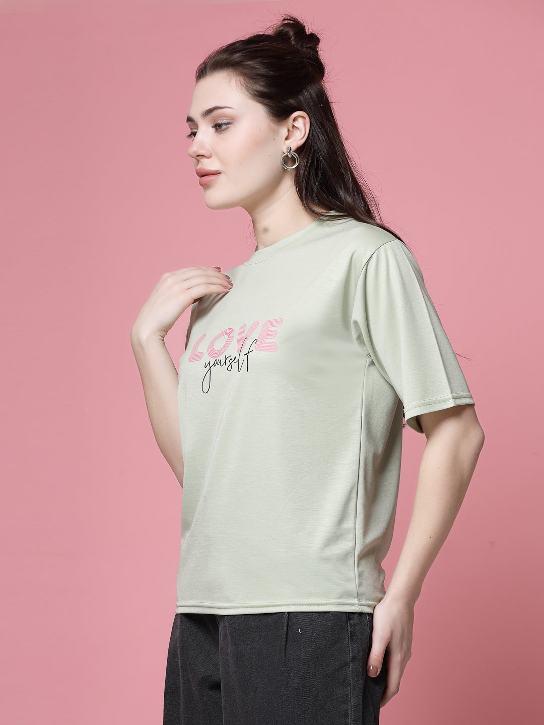 Pista green printed regular fit T-shirt for women made from soft Tencel fabric.