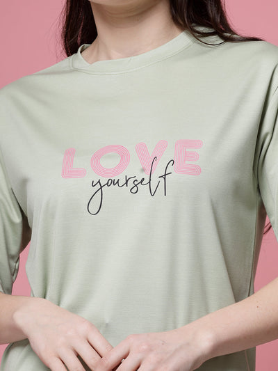 Pista green printed regular fit T-shirt, with 'Love yourself' design, crafted from soft Tencel fabric.