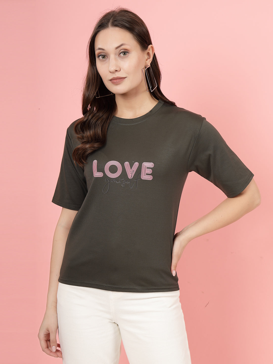 Olive printed regular fit T-shirt for women in premium Tencel fabric.