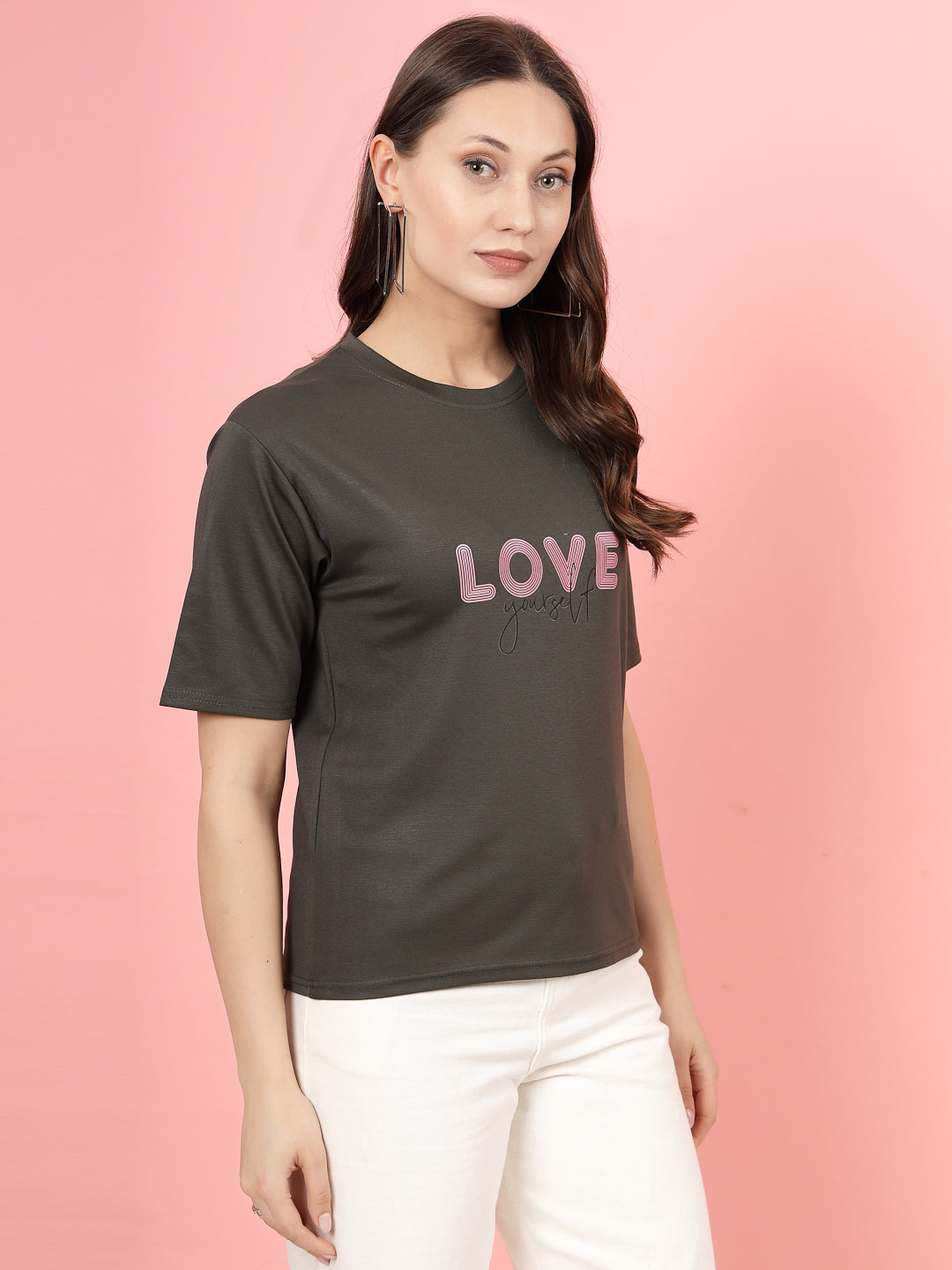 Olive printed regular fit T-shirt for women in Tencel fabric.