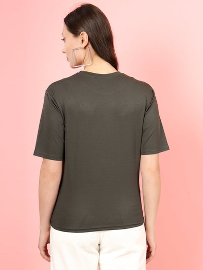 Olive printed regular fit T-shirt, premium Tencel fabric, back view.