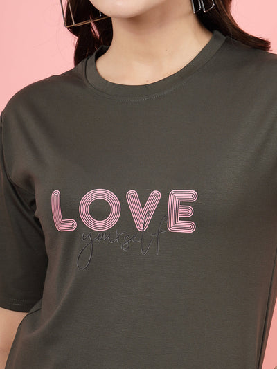 Olive printed regular fit T-shirt with "Love Yourself" text design.