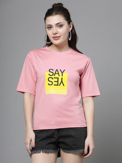 Women Pink Printed Regular Fit T-Shirt